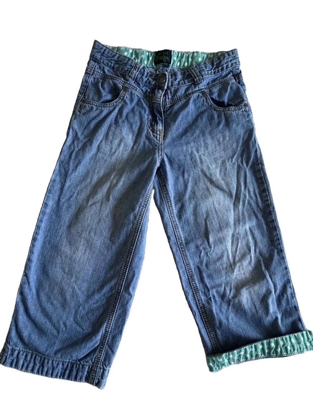 Mini Boden Jeans Girls 9-10Y Blue Straight Adjustable Waist Denim Polka Dot Cuff